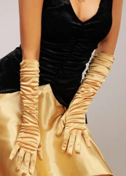 Ladies 20s Gold Ruched Satin Flapper Gloves -Halloween Fans Shop ruched gold satin gloves 02
