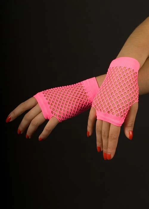 Ladies 80s Neon Pink Fishnet Fingerless Gloves 3 Ladies 80s Neon Pink Fishnet Fingerless Gloves
