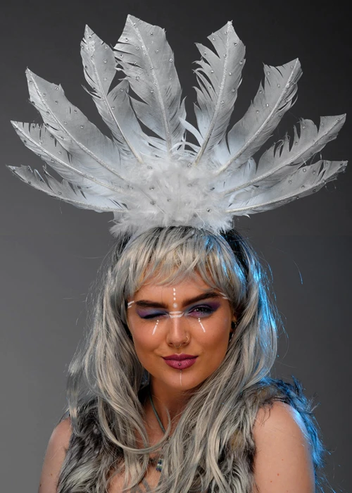 White And Silver Tribal Indian Feather Headpiece 4 White And Silver Tribal Indian Feather Headpiece - Image 2