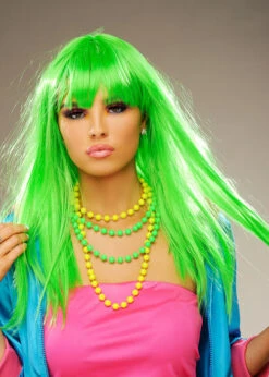 Womens 1980s Long Straight Neon Green Wig