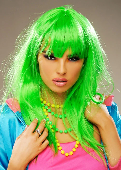Womens 1980s Long Straight Neon Green Wig 4 Womens 1980s Long Straight Neon Green Wig - Image 2