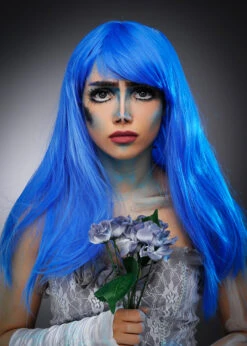 Womens Long Bright Blue Corpse Bride Style Wig