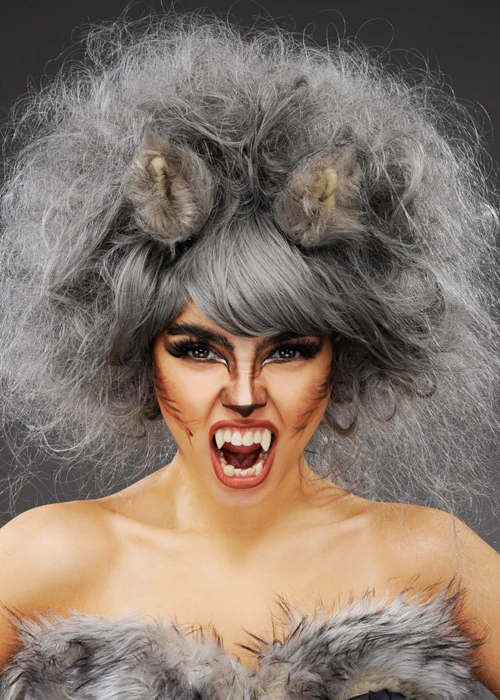 Womens Deluxe Grey Wolf Wig With Fluffy Ears 4 Womens Deluxe Grey Wolf Wig With Fluffy Ears - Image 2