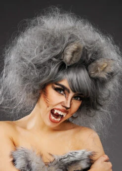 Womens Deluxe Grey Wolf Wig With Fluffy Ears 7 Womens Deluxe Grey Wolf Wig With Fluffy Ears -Halloween Fans Shop womens grey backcombed wolf wig and ears 02