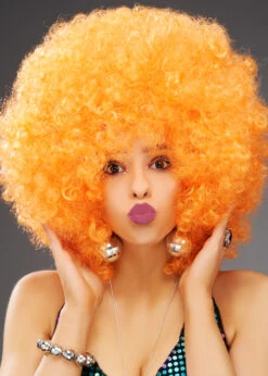 Extra Curly Orange Large 70s Disco Afro Wig 5 Extra Curly Orange Large 70s Disco Afro Wig -Halloween Fans Shop xl 1970s orange afro wig 01